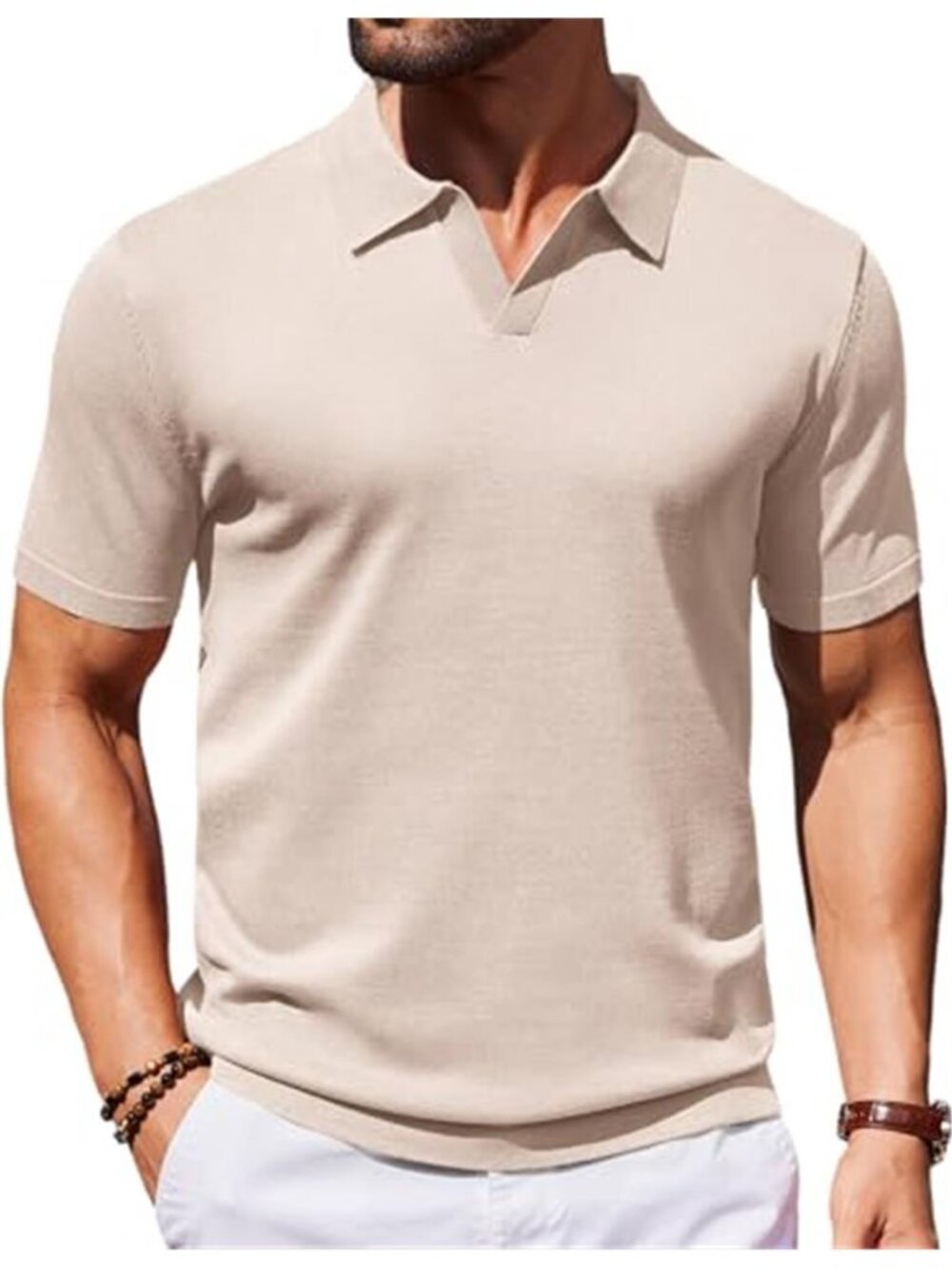 Mens Knit Polo Shirt Ice Silk V Neck Short Sleeve Stretch Golf Casual Top
